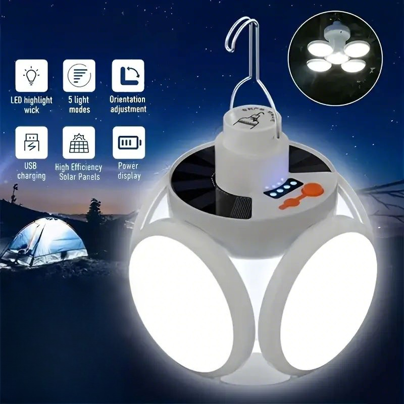 Power Outage Light - フック付きソーラー充電ライト 複数の照明モード 折りたたみ式ポータブルライト 屋外 IP65 防水ソーラー非常灯